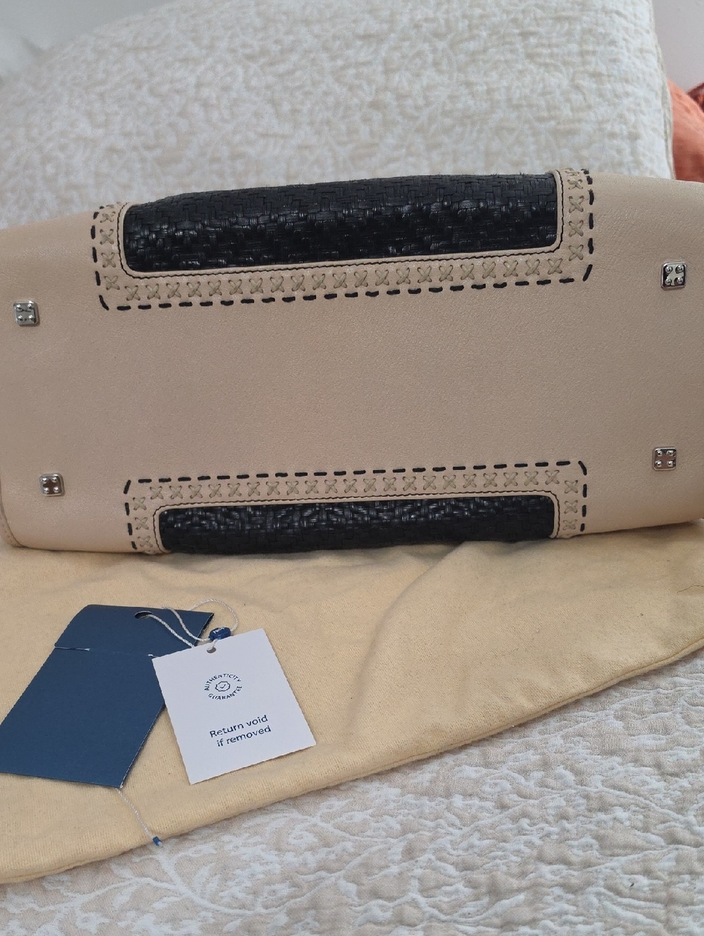 Leather-Trim Woven Satchel Bag - Black & Beige - Picture 8 of 16